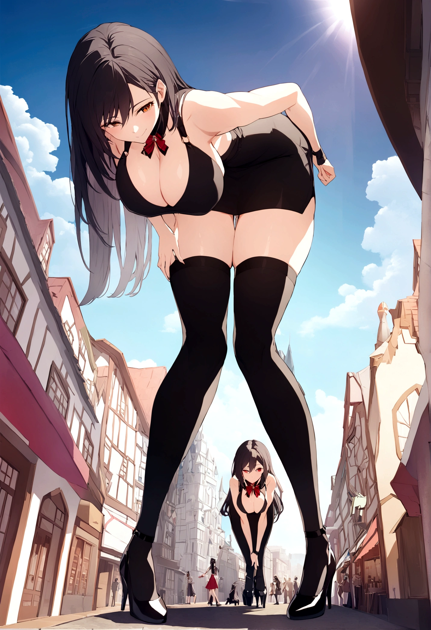 Ground View,giantesscity,tifa,giantesscity,giant girl 50000 feet high，Have a pair of ultra long legs,bending down,picking up small men,small men under her feet,a pair of huge breasts，Wearing a pair of Mary Jane heels，A look of enjoyment，Beautiful appearance，Exquisite makeup，quality，8k，高quality，Perfect proportion, Cinema lighting，film grain，Fuji colors，8k，textured skin，Super details，high detail，high quality，high resolution，explode，fake smile