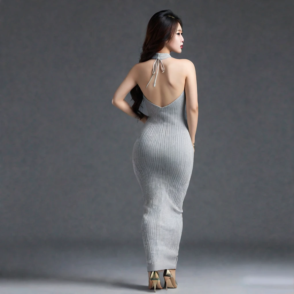 Realistic, high quality, Chinese woman wearing a maxi bodycon dress, knit dress, in a full squat, rear view