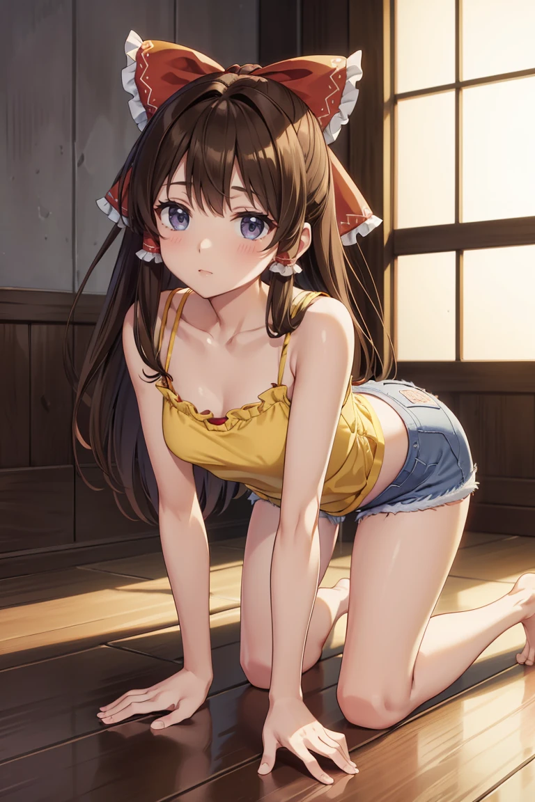Reimu Hakurei, (Brown eyes:1.5), Brown Hair, bow, hair bow, Hair Tube, Long Hair, red bow, Side Lock,Western-style room, (((Slender body、Yellow Camisole BREAK Denim Shorts)))、(((On all fours)))、Backwards、look back、High butt lift pose、Forward bending pose、The audience is watching from behind、
BREAK Watch Viewers,blush、Sad-looking face、((Sticking out my tongue a little))、
Full Body Shot,Smile Break (masterpiece:1.2), Highest quality, High resolution, unity 8k wallpaper, (figure:0.8), (Beautiful attention to detail), Highly detailed face, Perfect lighting, Highly detailed CG, (Perfect hands, Perfect Anatomy),Dynamic pose,