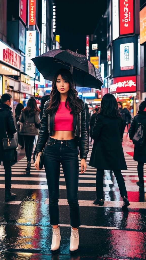 **Prompt for a Realistic Image: Sexy and Beautiful American Model in Tokyo at Night**

Create an ultra-realistic, high-resolution image of a sexy and beautiful American model wearing street casuals in the bustling city of Tokyo at night. The scene captures the vibrant energy and urban atmosphere of Tokyo.

The scene includes:
- **The model**: She is an attractive American woman with a striking appearance, wearing trendy street casual attire. She has on a form-fitting, stylish crop top paired with high-waisted jeans that accentuate her figure, and fashionable ankle boots. Her hair is perfectly styled in loose waves, and she carries a designer handbag. Her makeup is flawless, with a confident and alluring expression as she navigates the city.
- **The city**: Neon signs and billboards light up the streets with a kaleidoscope of colors, reflecting off the wet pavement from a recent rain. The famous Shibuya Crossing is packed with people, creating a dynamic and lively atmosphere.
- **Background elements**: Skyscrapers with illuminated windows, bustling shops, and street vendors add to the urban setting. Cars and taxis with their headlights on move through the streets, and the iconic Tokyo Tower can be seen in the distance, glowing against the night sky.
- **Additional details**: Streetlights cast a warm glow, and the reflections of the city lights on the wet pavement create a vibrant, electric ambiance. Pedestrians with umbrellas move through the scene, adding motion and life to the image.

The overall composition captures the essence of Tokyo's nightlife, with the stunning model seamlessly blending into the vibrant, energetic urban environment, exuding confidence and allure.