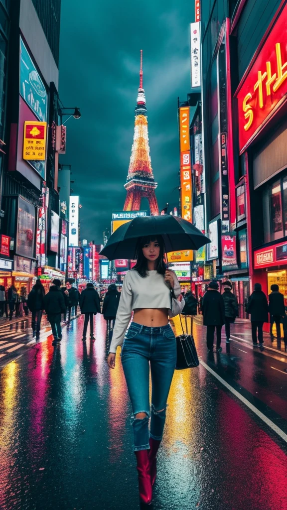 **Prompt for a Realistic Image: Sexy and Beautiful American Model in Tokyo at Night**
Create an ultra-realistic, high-resolution image of a sexy and beautiful American model wearing street casuals in the bustling city of Tokyo at night. The scene captures the vibrant energy and urban atmosphere of Tokyo.
The scene includes:
- **The model**: She is an attractive American woman with a striking appearance, wearing trendy street casual attire. She has on a form-fitting, stylish crop top paired with high-waisted jeans that accentuate her figure, and fashionable ankle boots. Her hair is perfectly styled in loose waves, and she carries a designer handbag. Her makeup is flawless, with a confident and alluring expression as she navigates the city.
- **The city**: Neon signs and billboards light up the streets with a kaleidoscope of colors, reflecting off the wet pavement from a recent rain. The famous Shibuya Crossing is packed with people, creating a dynamic and lively atmosphere.
- **Background elements**: Skyscrapers with illuminated windows, bustling shops, and street vendors add to the urban setting. Cars and taxis with their headlights on move through the streets, and the iconic Tokyo Tower can be seen in the distance, glowing against the night sky.
- **Additional details**: Streetlights cast a warm glow, and the reflections of the city lights on the wet pavement create a vibrant, electric ambiance. Pedestrians with umbrellas move through the scene, adding motion and life to the image.
The overall composition captures the essence of Tokyo's nightlife, with the stunning model seamlessly blending into the vibrant, energetic urban environment, exuding confidence and allure.