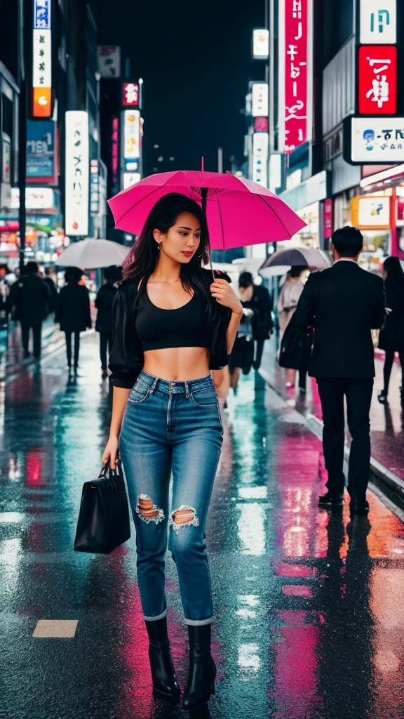 **Prompt for a Realistic Image: Sexy and Beautiful American Model in Tokyo at Night**
Create an ultra-realistic, high-resolution image of a sexy and beautiful American model wearing street casuals in the bustling city of Tokyo at night. The scene captures the vibrant energy and urban atmosphere of Tokyo.
The scene includes:
- **The model**: She is an attractive American woman with a striking appearance, wearing trendy street casual attire. She has on a form-fitting, stylish crop top paired with high-waisted jeans that accentuate her figure, and fashionable ankle boots. Her hair is perfectly styled in loose waves, and she carries a designer handbag. Her makeup is flawless, with a confident and alluring expression as she navigates the city.
- **The city**: Neon signs and billboards light up the streets with a kaleidoscope of colors, reflecting off the wet pavement from a recent rain. The famous Shibuya Crossing is packed with people, creating a dynamic and lively atmosphere.
- **Background elements**: Skyscrapers with illuminated windows, bustling shops, and street vendors add to the urban setting. Cars and taxis with their headlights on move through the streets, and the iconic Tokyo Tower can be seen in the distance, glowing against the night sky.
- **Additional details**: Streetlights cast a warm glow, and the reflections of the city lights on the wet pavement create a vibrant, electric ambiance. Pedestrians with umbrellas move through the scene, adding motion and life to the image.
The overall composition captures the essence of Tokyo's nightlife, with the stunning model seamlessly blending into the vibrant, energetic urban environment, exuding confidence and allure.