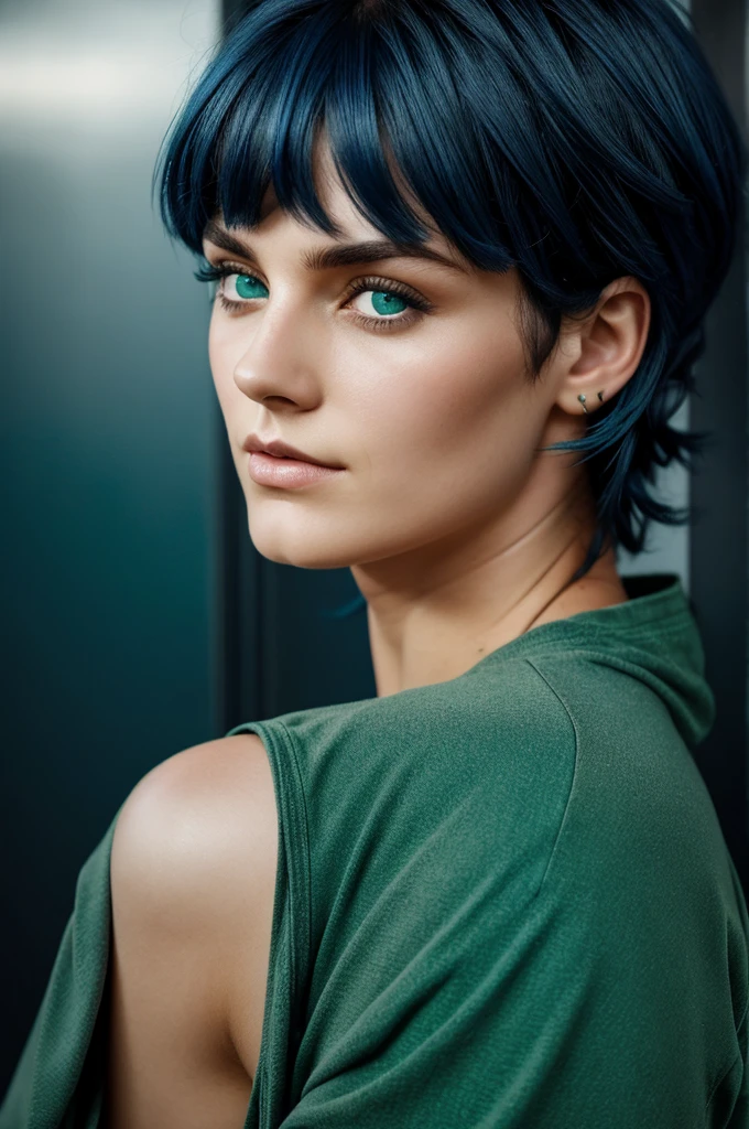 high, with dark blue hair and intense green eyes with a swirl-shaped scar on his left cheek