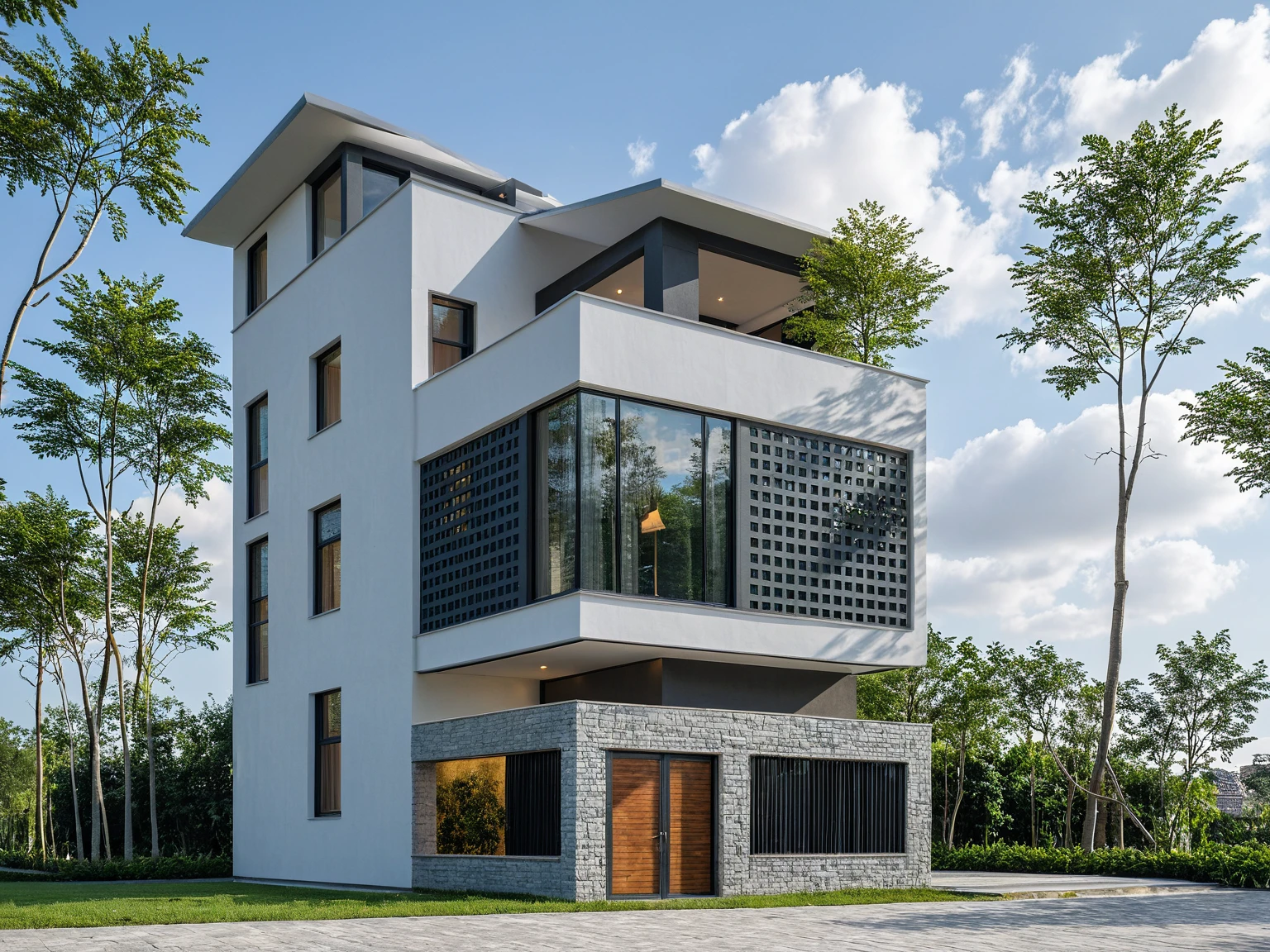 Masterpiece, high quality, best quality, 3d rendering, super detailed, outdoor, two-story villa, aiaigroup, modern house style on the street, stairs, white wall, accent wall Gray stone cladding on the left, road, sidewalk, grass, trees, sky, clouds, (daylight: 1.1)