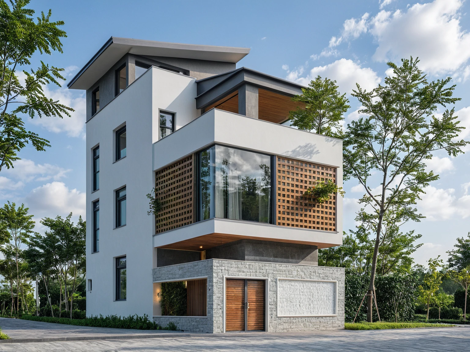 Masterpiece, high quality, best quality, 3d rendering, super detailed, outdoor, two-story villa, aiaigroup, modern house style on the street, stairs, white wall, accent wall Gray stone cladding on the left, road, sidewalk, grass, trees, sky, clouds, (daylight: 1.1)