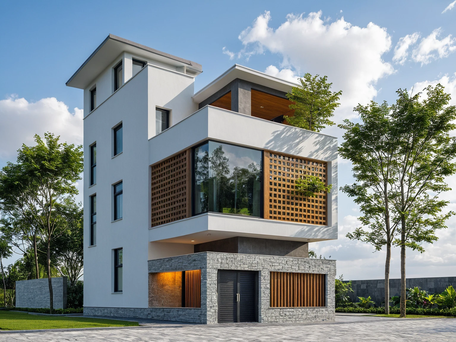 Masterpiece, high quality, best quality, 3d rendering, super detailed, outdoor, two-story villa, aiaigroup, modern house style on the street, stairs, white wall, accent wall Gray stone cladding on the left, road, sidewalk, grass, trees, sky, clouds, (daylight: 1.1)
