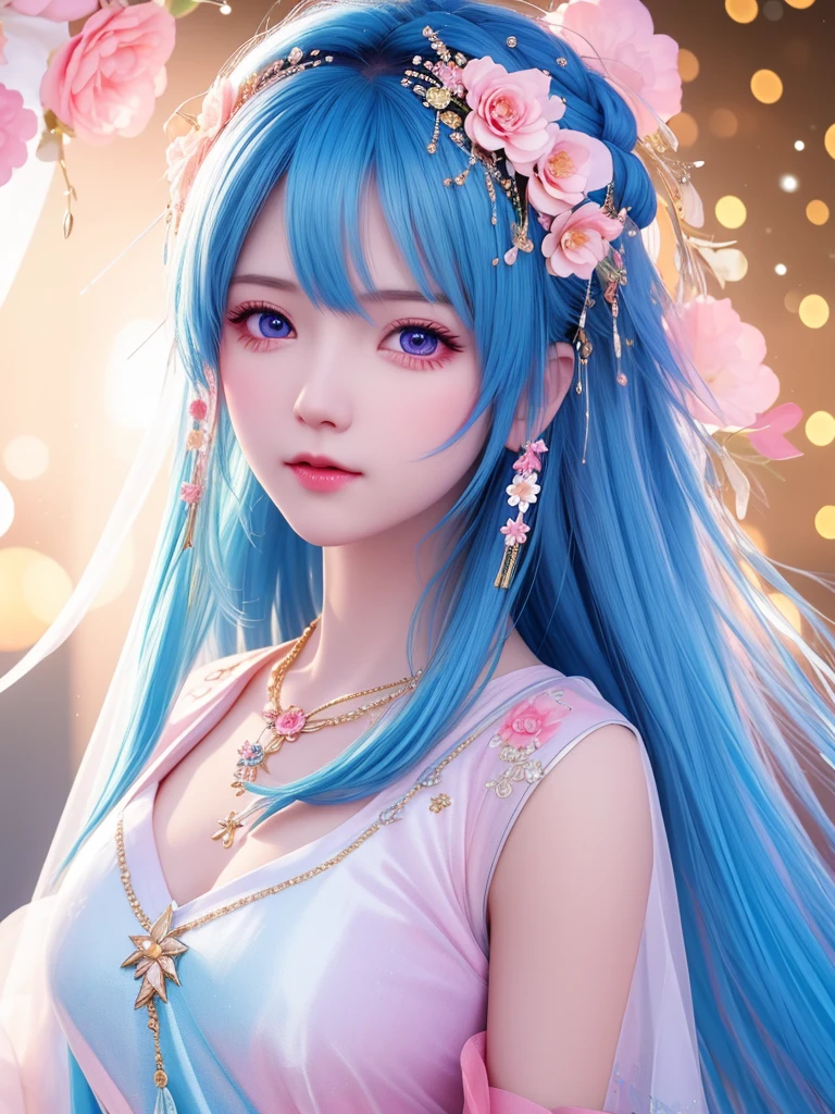best quality, masterpiece, High target, There is a girl with a basket of flowers on her head, beautiful clothes, Hair Decorationss, necklace, Decorations, Pretty Face, When the body, Tyndall effect, Realistic Portraits, Edge lighting, Two-color light, (Very delicate skin:1.2), 8K uhd, Digital SLR Camera, Soft Light, high quality, Volumetric Lighting, Honest, photo, high resolution, 4K, 8K, Bokeh, Blue hair,pink hair tips, Pink Eyes.