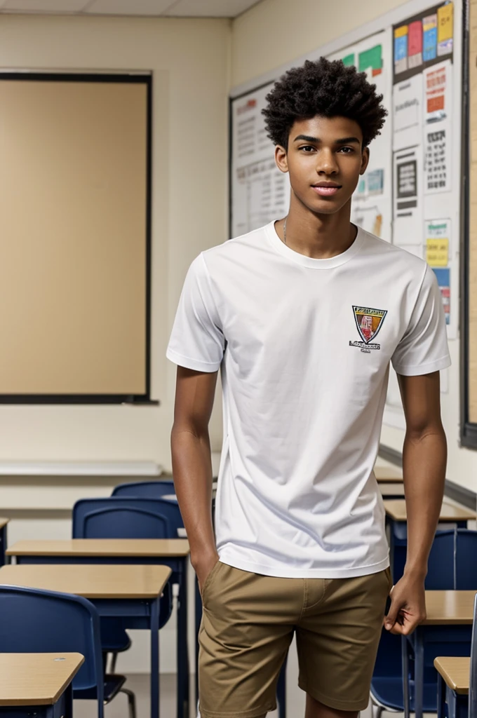 A young man of 18, 1.80 tall, light brown skin and slim, This is in a classroom., wearing a white school shirt and a transparent black boxer
