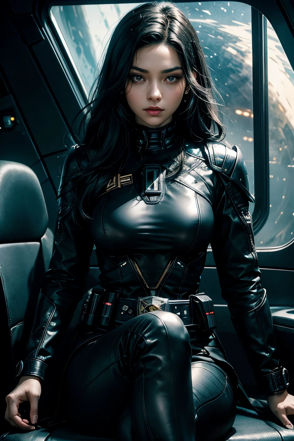 A beautiful woman. Twenty-five years old. Black hair. Beautiful double eyes. The bridge of my nose. Well-shaped lips. She is looking at the camera with a defiant expression. She wears black metallic combat uniform. There is something on his waist that is reminiscent of Kamen Rider's transformation belt. She is sitting in the command seat of Starfleet. Outer space can be seen outside the window.