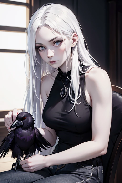 ((Playing with a raven, corvid bird:1.4)),(black pajamas, silk:1.3).Cute 18 yo (albino:1.4)woman of Slavic descent.(short:1.1), , long white hair, gray eyes, ((very pale:1.4)). Innocent look. Gentle spirit.(virgin), bare feet,((smile)).Masterpiece, best quality(highly detailed:1.2),(detailed face and eyes:1.2), depth of field, 8k wallpaper, studio lighting, core shadows, high contrast, bokeh.