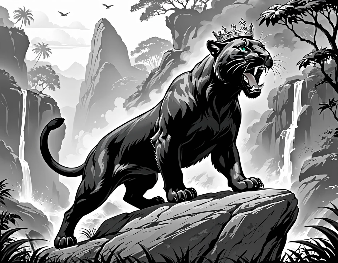 a black and white image of a panther standing on a rock with its mouth open, panther icon, panther , the man riding is on the panther ,panther , third panther head, black and white vector art, half panther , panther head, panther with crown, 2 d full body panther , highly detailed vector art, aslan the panther , black and white vector, vector art for cnc plasma, panther body, vector images, fire panther , king of the jungle, complete whole panther body, roaring