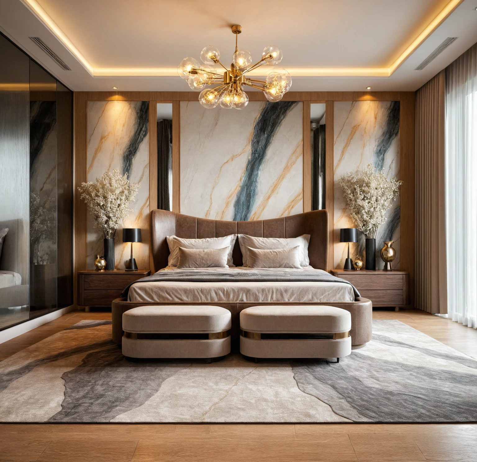 Raw photo,Masterpiece, high quality, best quality, authentic, super detail, interior, indoors, bedroom style modern luxury , sunset, day light, bed, lamp, carpet, bedside cabinets, flower vase, wooden floor, armchair, curtain, glass door wardrobe, Chandeliers, led,