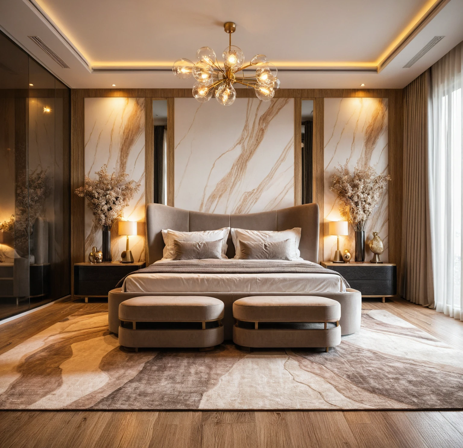 Raw photo,Masterpiece, high quality, best quality, authentic, super detail, interior, indoors, bedroom style modern luxury , sunset, day light, bed, lamp, carpet, bedside cabinets, flower vase, wooden floor, armchair, curtain, glass door wardrobe, Chandeliers, led,