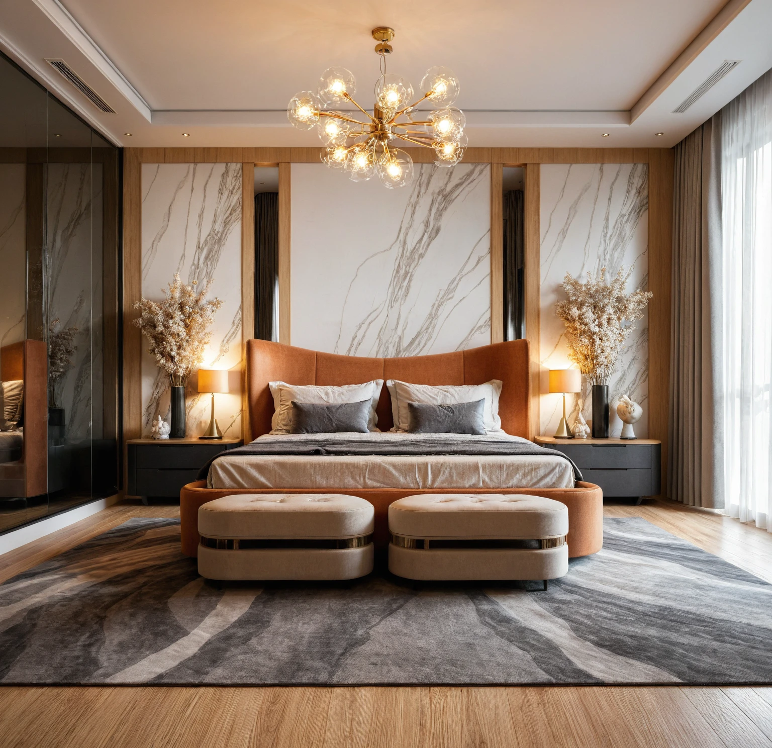 Raw photo,Masterpiece, high quality, best quality, authentic, super detail, interior, indoors, bedroom style modern luxury , sunset, day light, bed, lamp, carpet, bedside cabinets, flower vase, wooden floor, armchair, curtain, glass door wardrobe, Chandeliers, led,