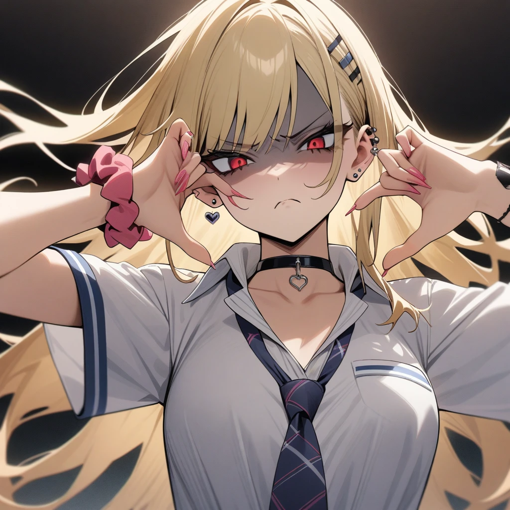 masterpiece, best quality, very aesthetic, absurdres, newest,1girl,upper body, (contempt, disgust,shaded face,looking at viewer,frown),heart-shaped gesture,
Marin Kitagawa, long hair, blonde hair, red eyes, piercing, earrings, ear piercing, stud earrings, black choker, loose necktie,  school uniform, white collared shirt, blue skirt, pleated skirt, plaid skirt, wrist scrunchie, long fingernails, pink nails, nail art,