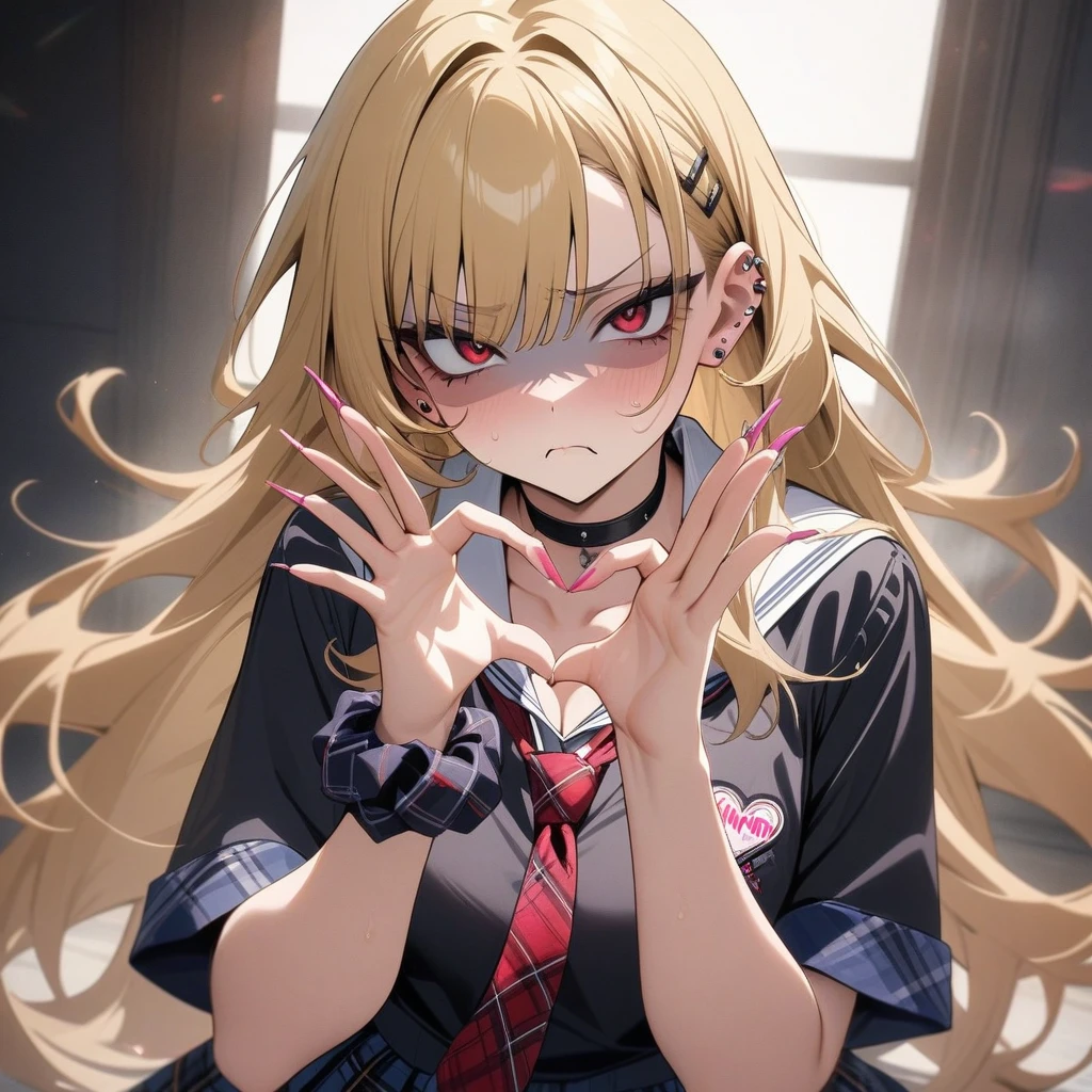 masterpiece, best quality, very aesthetic, absurdres, newest,1girl,upper body, (contempt, disgust,shaded face,looking at viewer,frown),heart-shaped gesture,
Marin Kitagawa, long hair, blonde hair, red eyes, piercing, earrings, ear piercing, stud earrings, black choker, loose necktie, school uniform, white collared shirt, blue skirt, pleated skirt, plaid skirt, wrist scrunchie, long fingernails, pink nails, nail art,