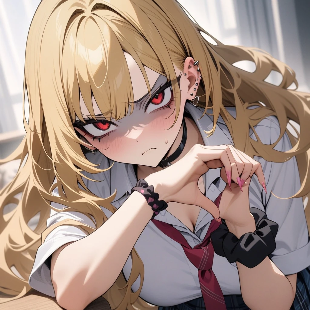 masterpiece, best quality, very aesthetic, absurdres, newest,1girl,upper body, (contempt, disgust,shaded face,looking at viewer,frown),heart-shaped gesture,
Marin Kitagawa, long hair, blonde hair, red eyes, piercing, earrings, ear piercing, stud earrings, black choker, loose necktie,  school uniform, white collared shirt, blue skirt, pleated skirt, plaid skirt, wrist scrunchie, long fingernails, pink nails, nail art,