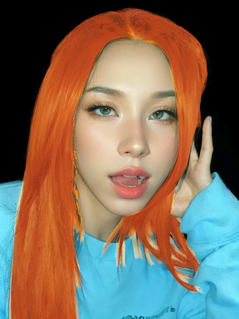 arafed woman with pelo naranja and a blue shirt posing for a picture, she has long redpelo naranja, ava max, ella tiene el pelo largo y castaño anaranjado, pelo naranja, portrait of jossi de blackpink, CL, bright pelo naranja, jossi de blackpink, cabello naranja brillante, long pelo naranja, sun yunjoo, very long pelo naranja, bella poarch