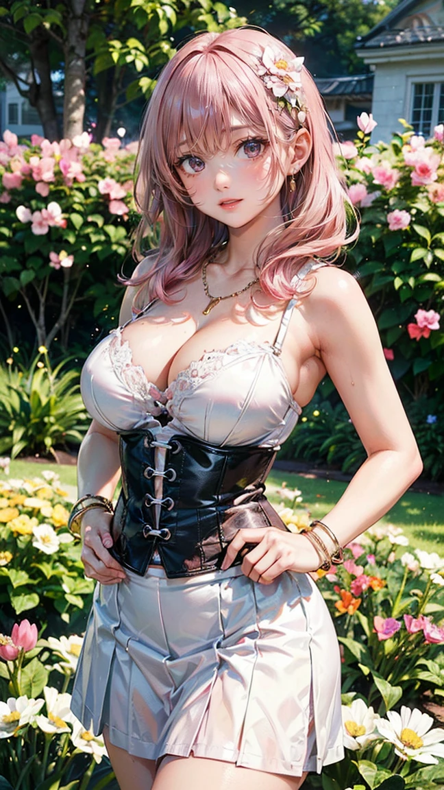 (Masterpiece, BestQuality:1.3), (ultra detailed:1.2), (hyperrealistic:1.3), (RAW photo:1.2), High detail RAW color photo, professional photograph, (Photorealistic:1.4), (realistic:1.4), professional lighting, perfect anatomy, (Big Breasts:1.2), (blush, detailed face), (cheerful Smile:1.5), Trending Hair&Trending Hairカラーをランダムに, earrings, necklace, bracelet, sexy, erotic sexy, Random sexy gravure poses, (A beautiful pink-haired woman wearing a white bustier and skirt、Smiling and posing sexy in a spring flower garden。:1.3)