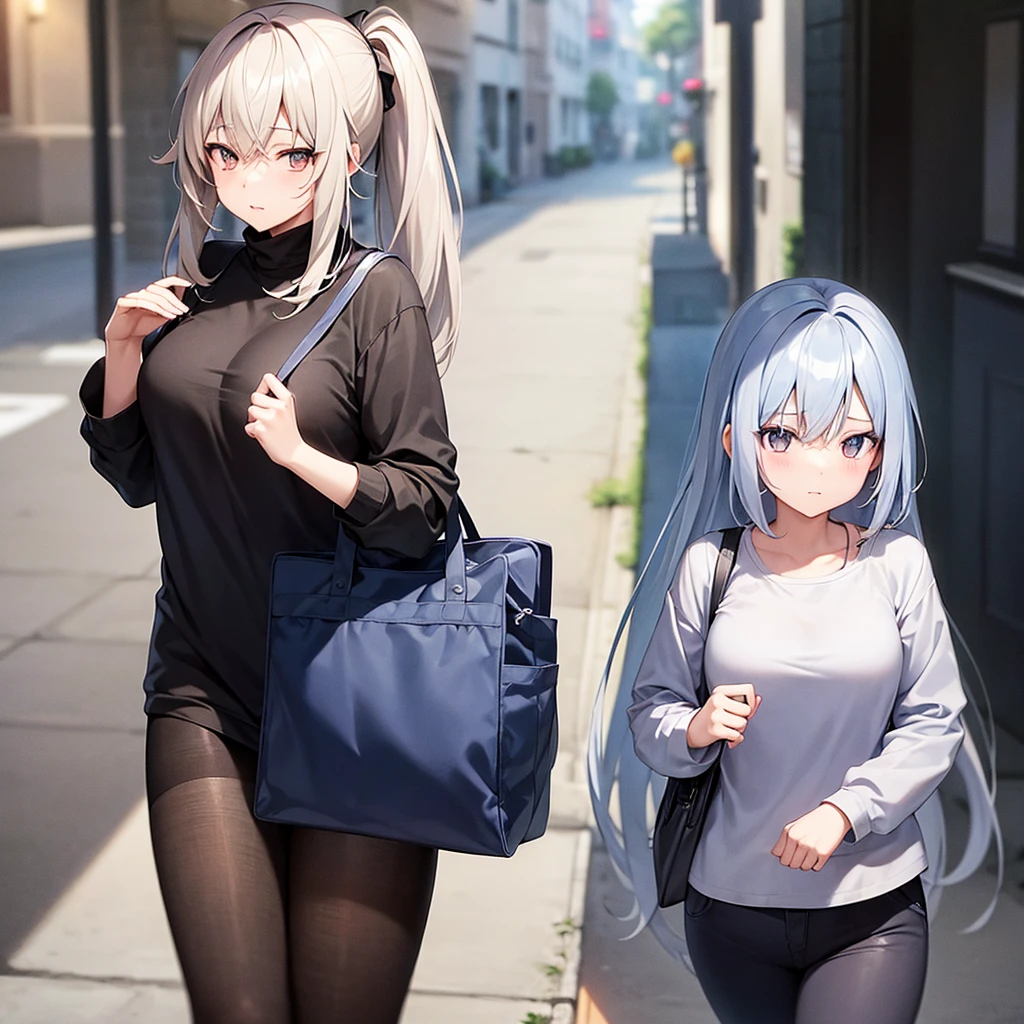  An anime girl who is being followed by a gray-colored girl next door and she is also a girl.