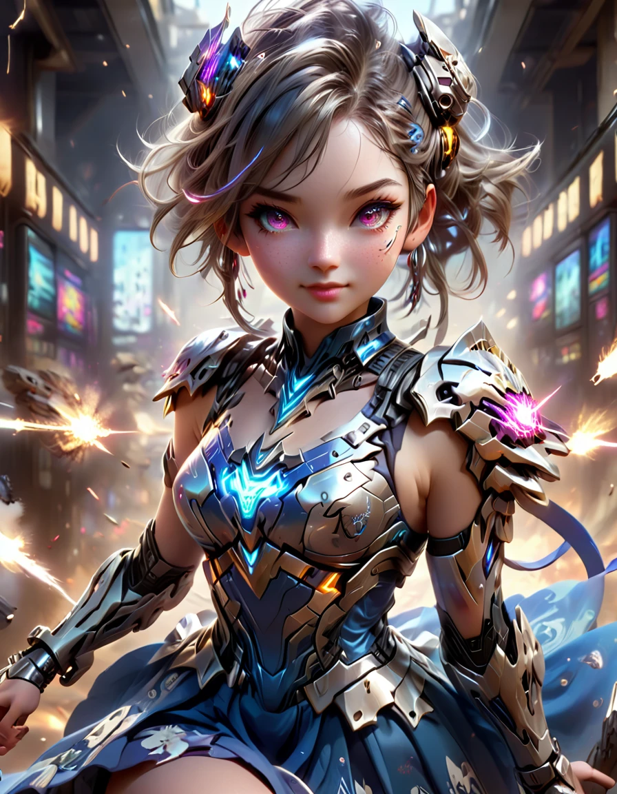 A young and beautiful woman_cyborg、A grinning expression、（China dress：1.4）、（Assault rifle fires at high speed：1.7）、（Motion Blur Effect：1.5）、Chaos inside the casino、Frenzy、is in destruction、（Highest quality、4K、8K、High resolution、masterpiece：1.2）、Super detailed、（Real、Photorealistic、Photorealistic：1.37）、Detailed facial features、Intricate dress patterns、Impressive pose、Dramatic lighting、Cinematic composition、Bright colors、dystopian atmosphere