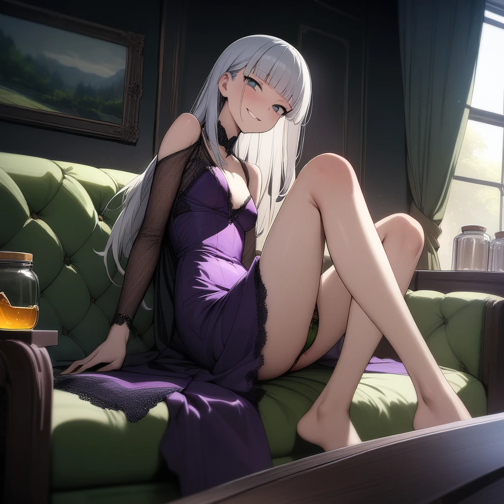(masterpiece),(best quality),very aesthetic,(ultra-detailed),(illustration),(degenerate),very aesthetic,nsfw,1girl,,slender,long hair,silver hair,straight hair,(blunt bangs),dark blue alluring eyes,smirk,comfortable,An elegant and sophisticated outfit perfect for a party, featuring a purple velvet dress with green lace accents,long sleeves,Rough red mesh fabric from shoulder to arm,bare legs,Jar of honey,ecstasy,happy,inroom,couch,reclining,daytime,Lascivious atmosphere,fantastic atmosphere,Sunlight shining through the window,forest landscape,backlighting,Lace curtains flutter in the wind,Toxic green colored lace panties,Old furnishings,dusty room