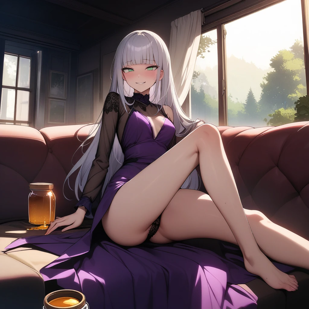 (masterpiece),(best quality),very aesthetic,(ultra-detailed),(illustration),(degenerate),very aesthetic,nsfw,1girl,,slender,long hair,silver hair,straight hair,(blunt bangs),dark blue alluring eyes,smirk,comfortable,An elegant and sophisticated outfit perfect for a party, featuring a purple velvet dress with green lace accents,long sleeves,Rough red mesh fabric from shoulder to arm,bare legs,Jar of honey,ecstasy,happy,inroom,couch,reclining,daytime,Lascivious atmosphere,fantastic atmosphere,Sunlight shining through the window,forest landscape,backlighting,Lace curtains flutter in the wind,Toxic green colored lace panties,Old furnishings,dusty room
