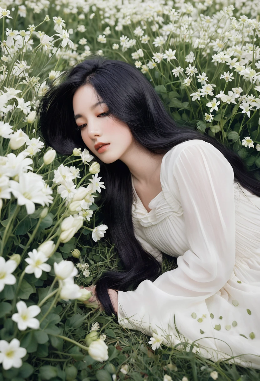 (oil painting:1.5), a woman with long black hair and white flowers in her hair is laying down in a field of white flowers, (amy sol:0.248), (stanley artgerm lau:0.106), (a detailed painting:0.353), (gothic art:0.106)