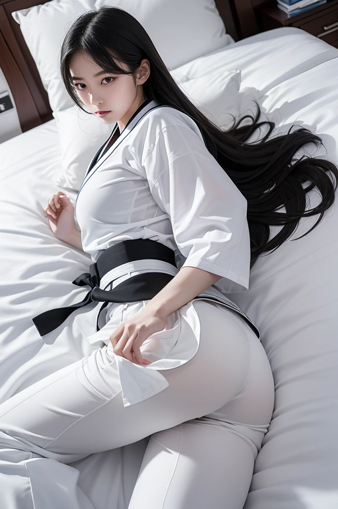 masterpiece, ultra details, best quality, 1 korean taekwondo girl, masterpiece, ultra details, best quality, black long straight hair, wearing sweaty white World Taekwondo Federation dobok uniform with black v-neck, wearing taekwondo blackbelt, wearing white martial arts pants without pockets, large sweaty butt, large breasts, laying on hotel bed showing butt, sweaty face