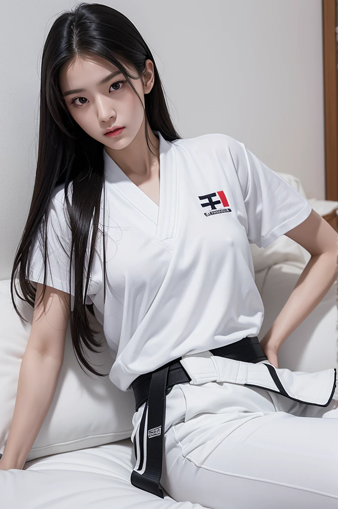 masterpiece, ultra details, best quality, 1 korean taekwondo girl, masterpiece, ultra details, best quality, black long straight hair, wearing sweaty white World Taekwondo Federation dobok uniform with black v-neck, wearing taekwondo blackbelt, wearing white martial arts pants without pockets, large sweaty butt, large breasts, laying on hotel bed showing butt, sweaty face