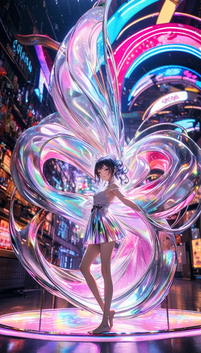 (Highest quality:1.2),One girl,alone,Are standing_Split,whole body, Photo of a Japanese woman in her 20s,Made of glossy white and silver translucent glass and plastic, Geisha makeup and hairstyle, Silver metal interior, Dynamic pose, Flow organic structure, A sparkling golden circuit, colorful Neon decoration, Light emitting circuit, Neon decoration, Depth of Field Focus F/2.8, H'art.right. liver, Greg rightutowski
