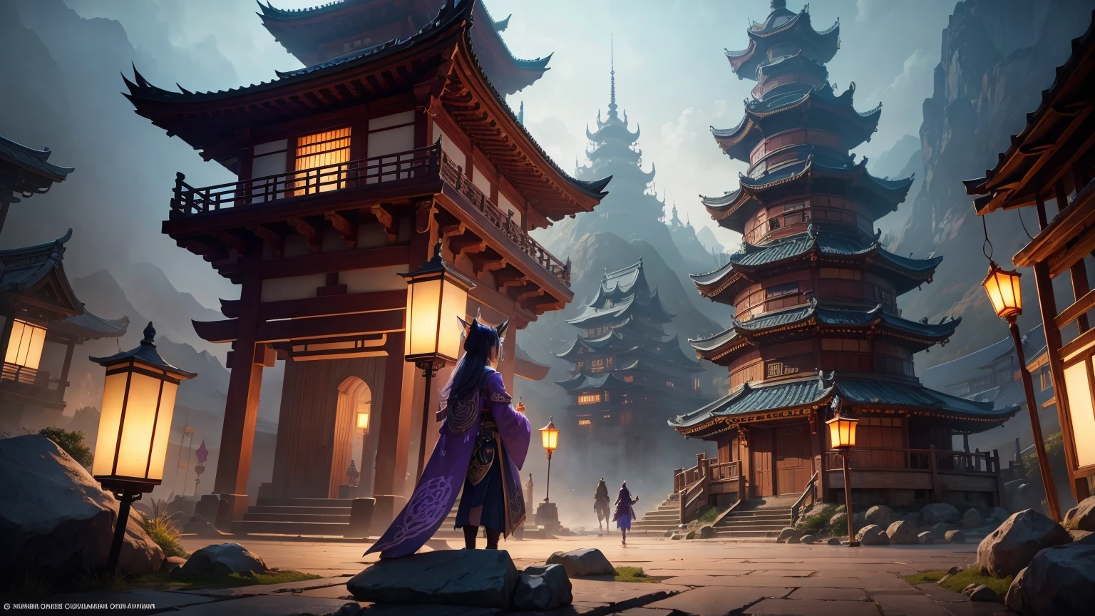 ((Masterpiece)), (8k, high resolution), (best quality), ultra detailed, (purple lighting), chinese architecture, ancient chinese town, cinematic lighting, onmyoji detailed art, concept art magic highlights, background artwork, league of legends concept art, magic backgrounds, background art, enter the ethereal realm, league of legends concept art, riot games concept art, glowing concept art, mysterious temple setting, magical concept art, odin's stone arena background, traditional japanese concept art, anime landscape concept art, onmyoji detailed art, japanese town, concept art amazing atmosphere, beautiful concept art, 2.5 d cgi anime fantasy artwork, japanese city, bustling magic town, dreamy china town, colorful fox town, beautiful concept art