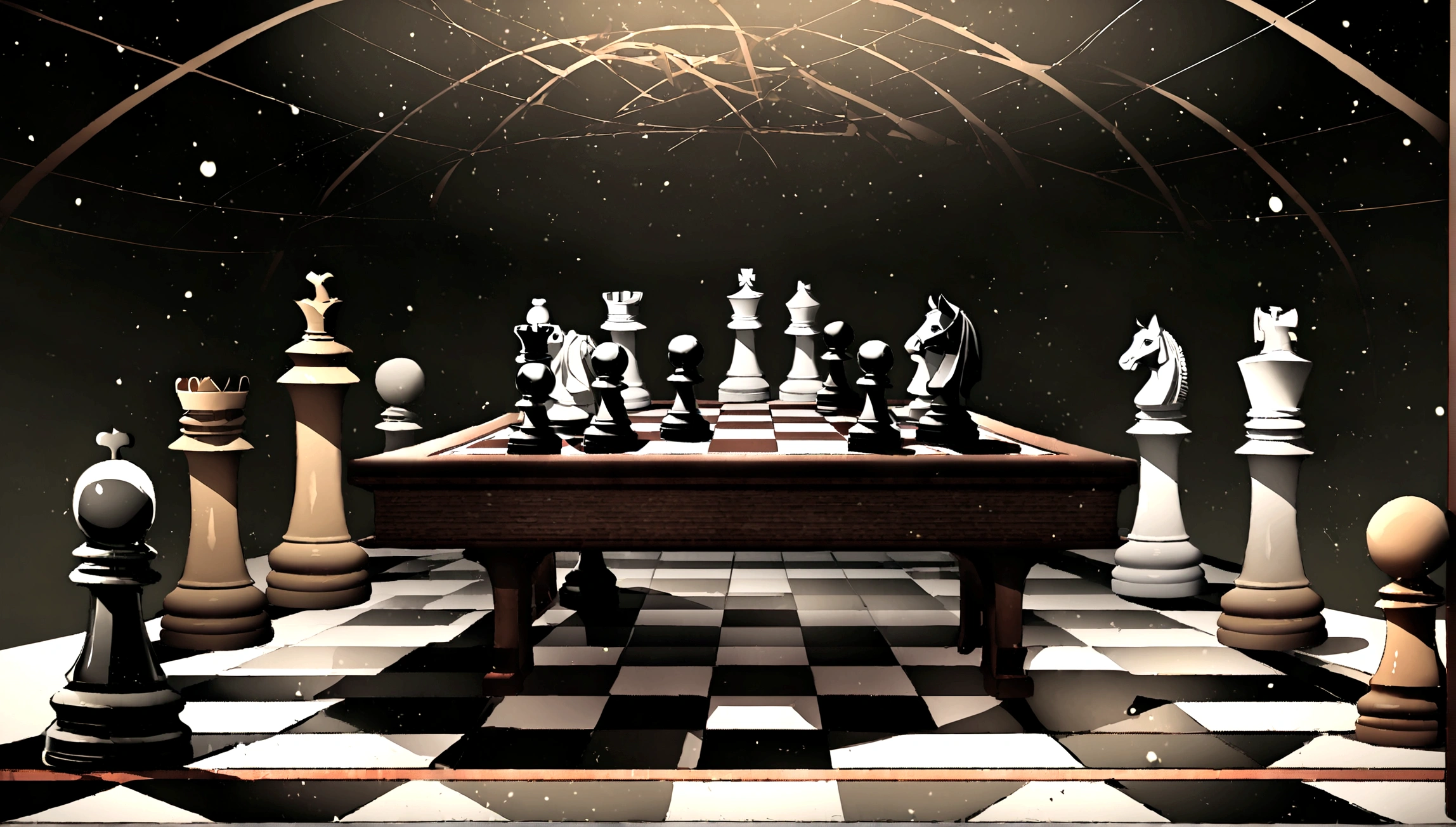 Chinese Go,Go World,Go chess pieces falling on the board,There are Go chessboards floating around,Some chess pieces are floating and scattered in the air,God's move is a move that no one regrets,masterpiece,high quality,Derived elements of the Five Elements and Eight Diagrams,Space,chaos,illusory,Rich content,The picture has a grasp of the changes between reality and illusion,The picture is full,Rich in screen elements,Floating chess board,Chess table,Chess basket