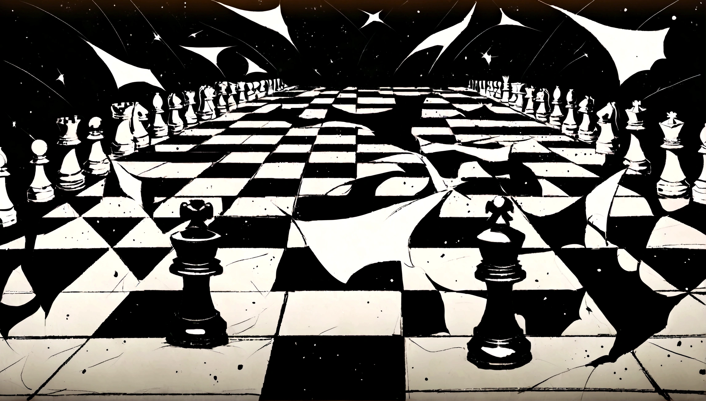 Chinese Go,Go World,Go chess pieces falling on the board,There are Go chessboards floating around,Some chess pieces are floating and scattered in the air,God's move is a move that no one regrets,masterpiece,high quality,Derived elements of the Five Elements and Eight Diagrams,Space,chaos,illusory,Rich content,The picture has a grasp of the changes between reality and illusion,The picture is full,Rich in screen elements,Floating chess board,Chess table,Chess basket