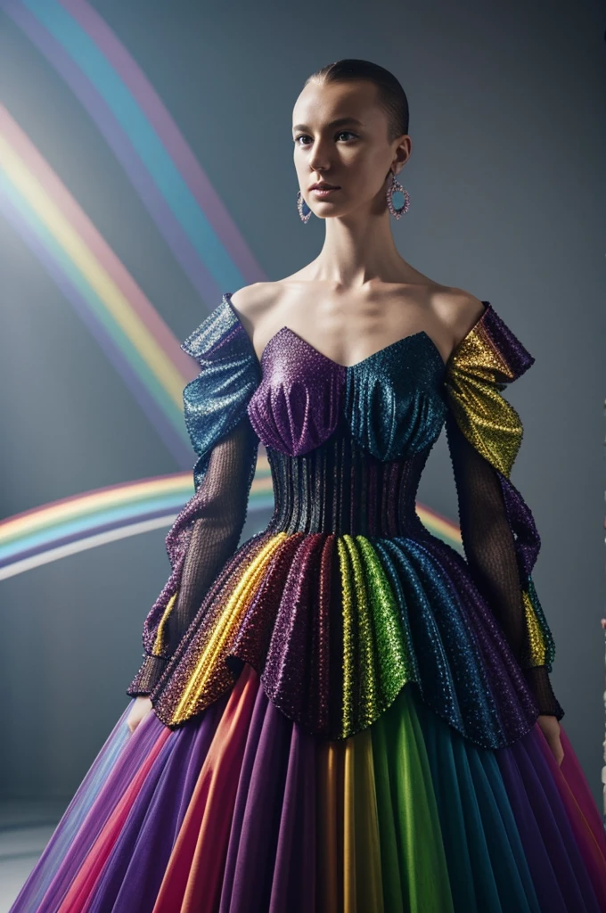 avantgarde dress inspired by iris van herpen techniques and Rainbow, ultra-realistic 8K resolotion