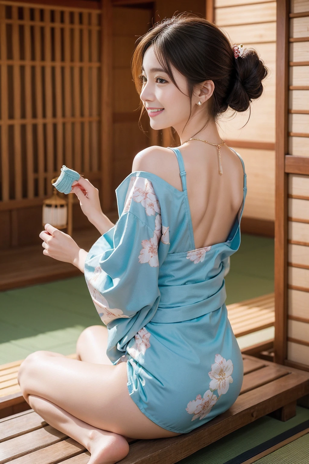 high quality,8K, Detailed facial depiction, Detailed description of the eyes,One Woman, Light brown hair(Medium-long hair),Hair tied up,Beautiful Japanese Girl,24-years-old,Cute eyes,Cute Smile,Yukata beauty,Golden floral yukata,Lace underwear,String panties,Slender body, Large, plump breast size, Long and beautiful legs,Smiling, Colorful earrings,necklace,Are standing,Beautiful nape,Japan tatami room,Feminine gestures,Dry landscape garden,wind chimes,Beautiful back view,Her yukata is open, revealing her beautiful shoulders.,Beautiful woman looking back