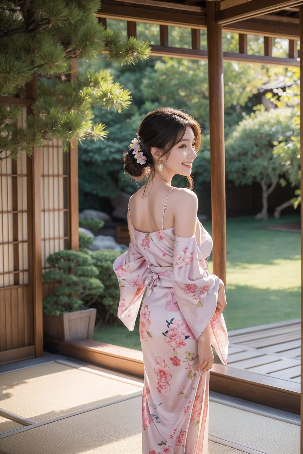 high quality,8K, Detailed facial depiction, Detailed description of the eyes,One Woman, Light brown hair(Medium-long hair),Hair tied up,Beautiful Japanese Girl,24-years-old,Cute eyes,Cute Smile,Yukata beauty,Golden floral yukata,Lace underwear,String panties,Slender body, Large, plump breast size, Long and beautiful legs,Smiling, Colorful earrings,necklace,Are standing,Beautiful nape,Japan tatami room,Feminine gestures,Dry landscape garden,wind chimes,Beautiful back view,Her yukata is open, revealing her beautiful shoulders.,Beautiful woman looking back