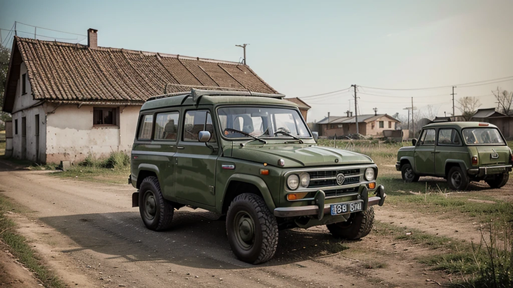 Soviet car of the 70s, UAZ 469 B, in khaki color, against the backdrop of a Soviet village