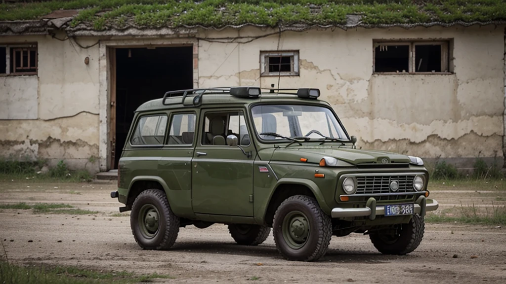 Soviet car of the 70s, UAZ 469 B, in khaki color, against the backdrop of a Soviet village