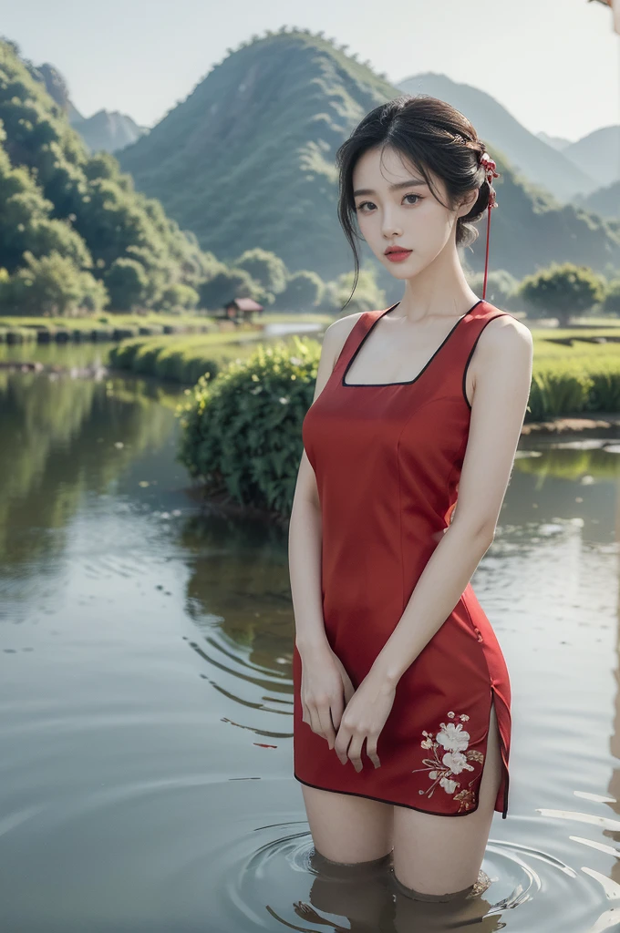 (((best quality))),(((ultra detailed))),(((masterpiece))),illustration,1 beautiful girl,slim,flat chest,short red qipao,bare arms,standing in paddy pool,upper body,elegant, clear sky, sunlight, dreamy, contrast, natural,Chinese rural landscape,The body below the neck is in water
