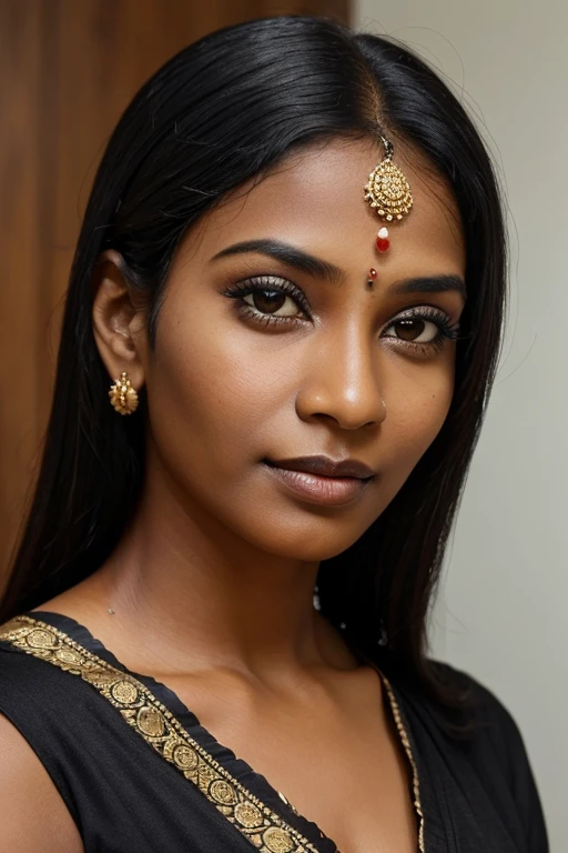 Lady about 30 year old,black skin, black eyes with
Bindi indian facial structure