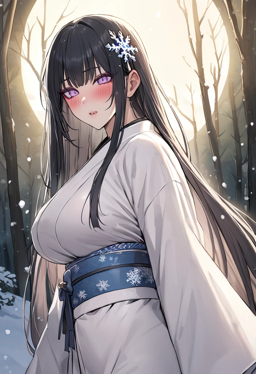 (masterpiece, best quality, extremely detailed:1.3) BREAK dynamic pose, upper body, close-up, 1girl, Yuki-onna, very long hair, black hair, straight hair, sidelocks, hair ornament, light purple eyes, colored eyelashes, pure white skin, blush, large breasts, makeup, white kimono, (snowflake print), light blue obi, furisode, wide sleeves, jewelry, snowy mountain, forest, snowing, full moon , inside, in a laundryroom, (sexy-style:1.2)