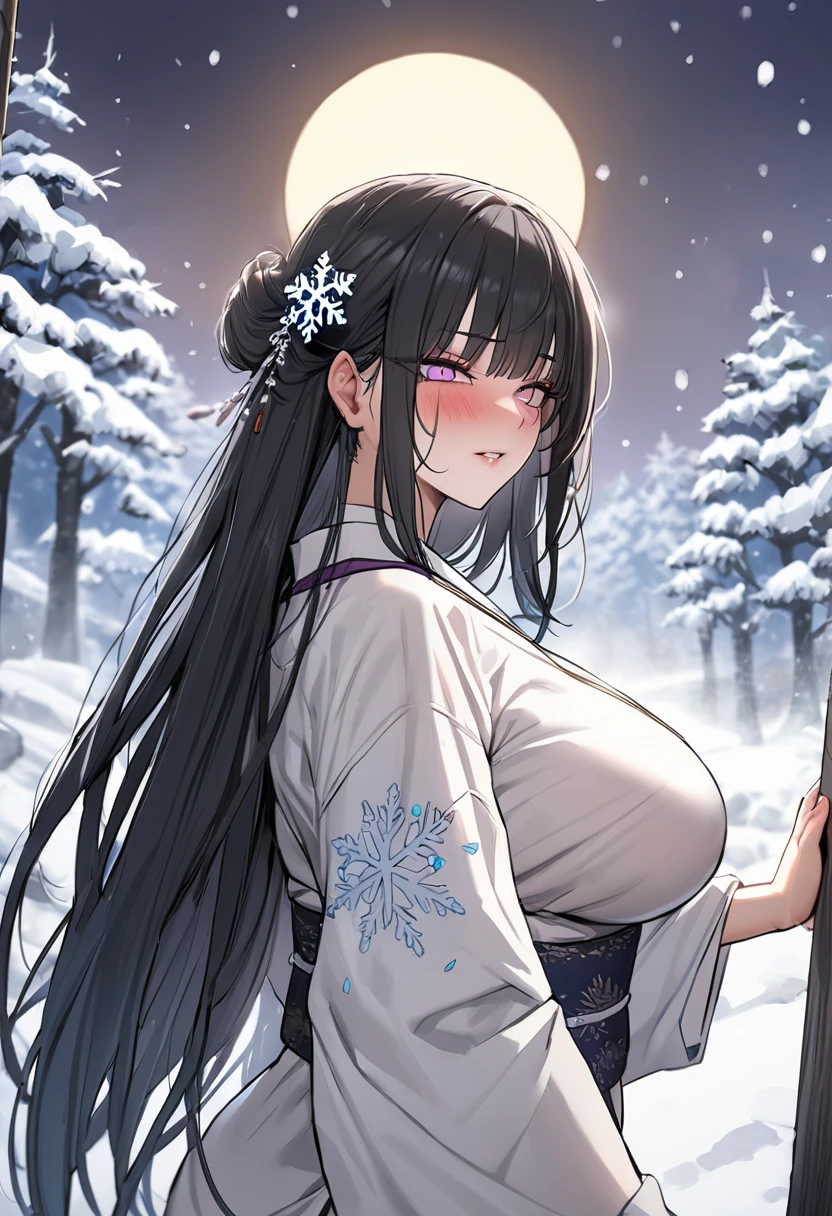 (masterpiece, best quality, extremely detailed:1.3) BREAK dynamic pose, upper body, close-up, 1girl, Yuki-onna, very long hair, black hair, straight hair, sidelocks, hair ornament, light purple eyes, colored eyelashes, pure white skin, blush, large breasts, makeup, white kimono, (snowflake print), light blue obi, furisode, wide sleeves, jewelry, snowy mountain, forest, snowing, full moon , inside, in a laundryroom, (sexy-style:1.2)