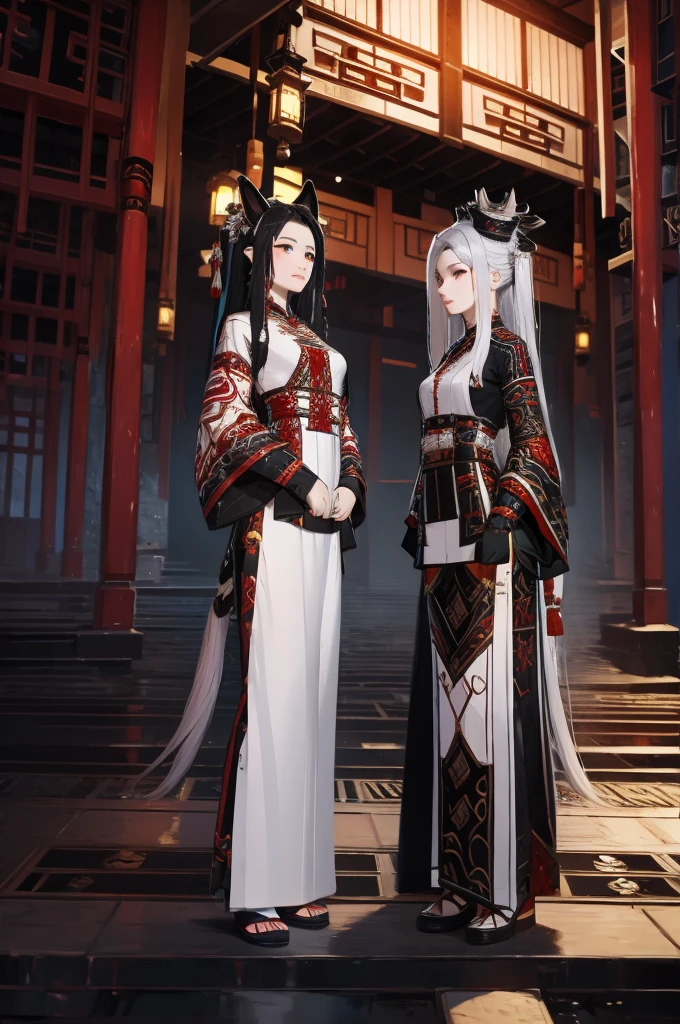 Double girl,Axisymmetric,Two girls,Black and white impermanence,Very high hat,Chinese style,The girl in black and the girl in white stand together,Dark style,Prefecture style,Hades style,,Black Impermanence White Impermanence,Hanfu,Miao clothing,Chinese Miao style clothing,Hanfu,Spooky style,Picture of the couple