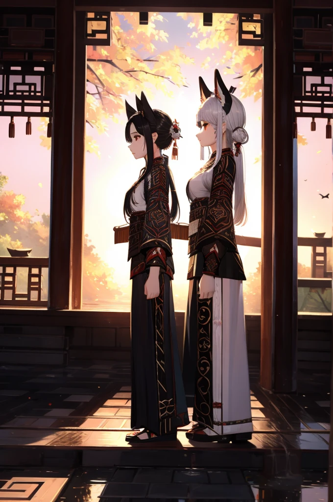 Double girl，Axisymmetric，Two girls，Black and white impermanence，Very high hat，Chinese style，The girl in black and the girl in white stand together，Dark style，Prefecture style，Hades style，，Black Impermanence White Impermanence，Hanfu，Miao clothing，Chinese Miao style clothing，Hanfu，Spooky style，Picture of the couple
