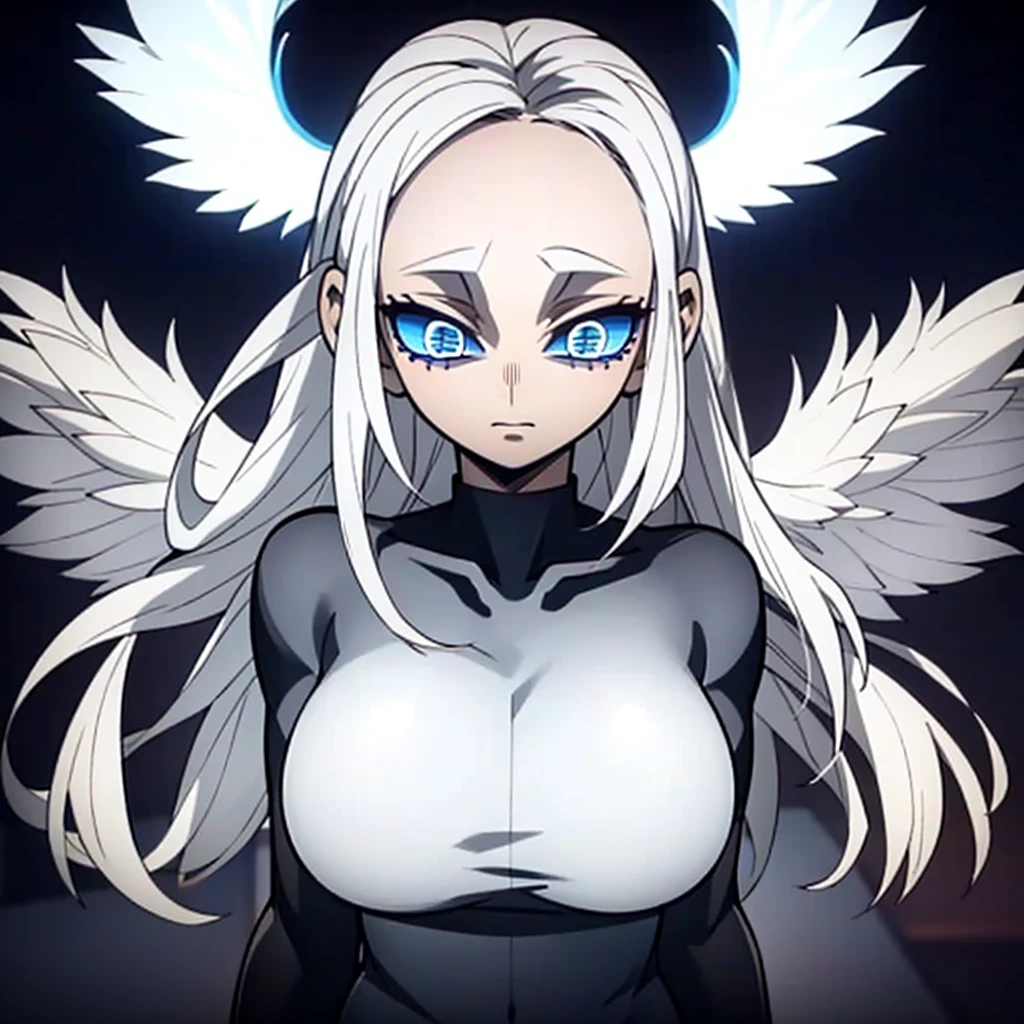 Masterpiece, angel, white hair, glowing, glowing hair, glowing eyes, beautiful eyes, rainbow eyes, white hair, angel wings, 1girl, big breasts, super hero, clothed 