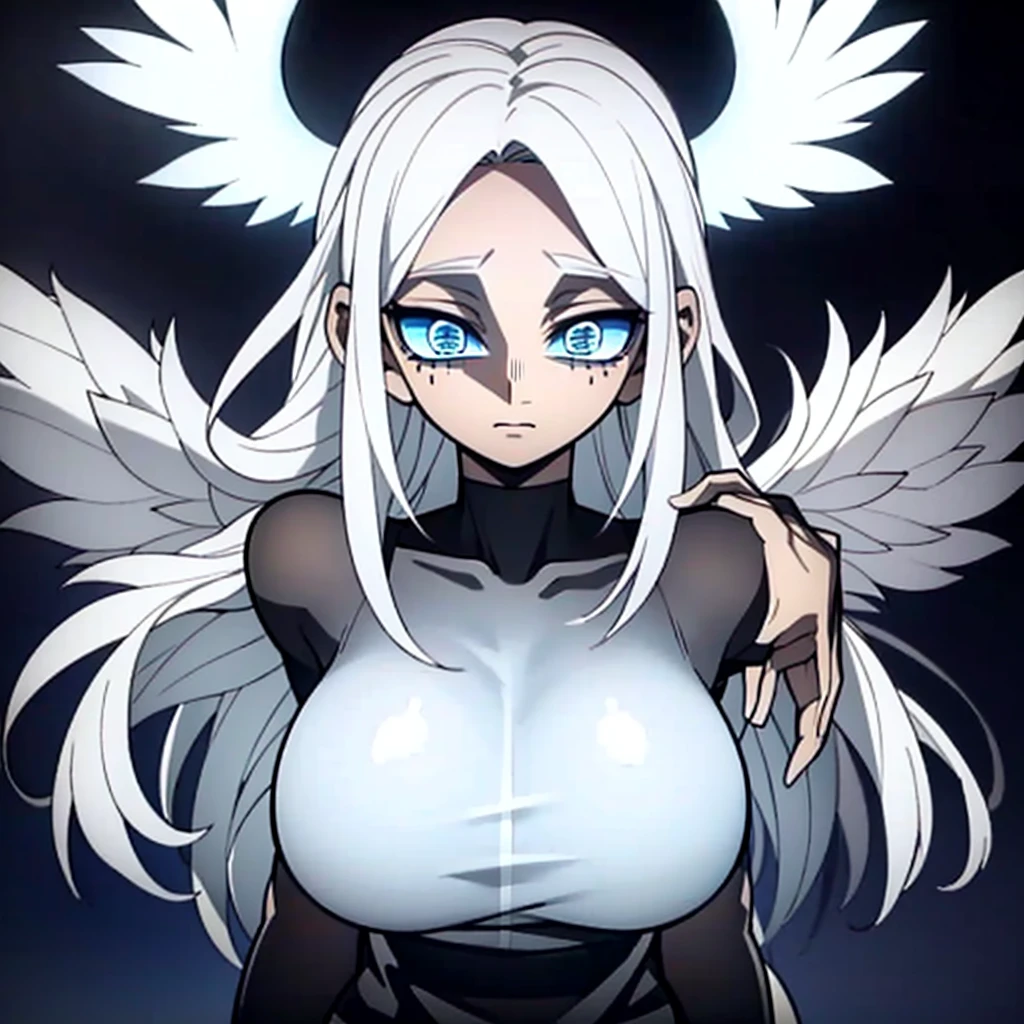 Masterpiece, angel, white hair, glowing, glowing hair, glowing eyes, beautiful eyes, rainbow eyes, white hair, angel wings, 1girl, big breasts, super hero, clothed 