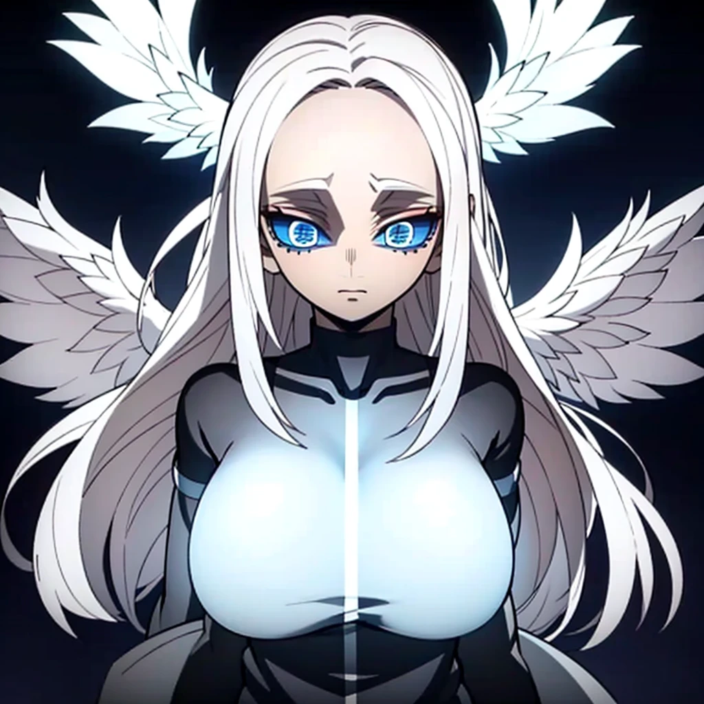Masterpiece, angel, white hair, glowing, glowing hair, glowing eyes, beautiful eyes, rainbow eyes, white hair, angel wings, 1girl, big breasts, super hero, clothed 