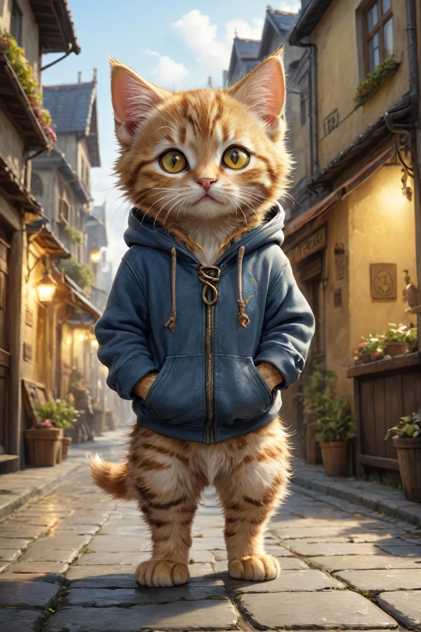  small, かわいいbornき物, Wearing a hoodie, whole body, , Are standing, Costumes,  Fantasy art, Exquisite detail, Jean-Baptiste Monge Style, In town、Alan Lee Style, Anthropomorphic yellow-eyed tabby furry kitten, Movie Scenes, Dramatic shot angles, , Realistic, born々Amazing cinematic photorealism, Action Portrait, 8K, detailed, Full Frame
