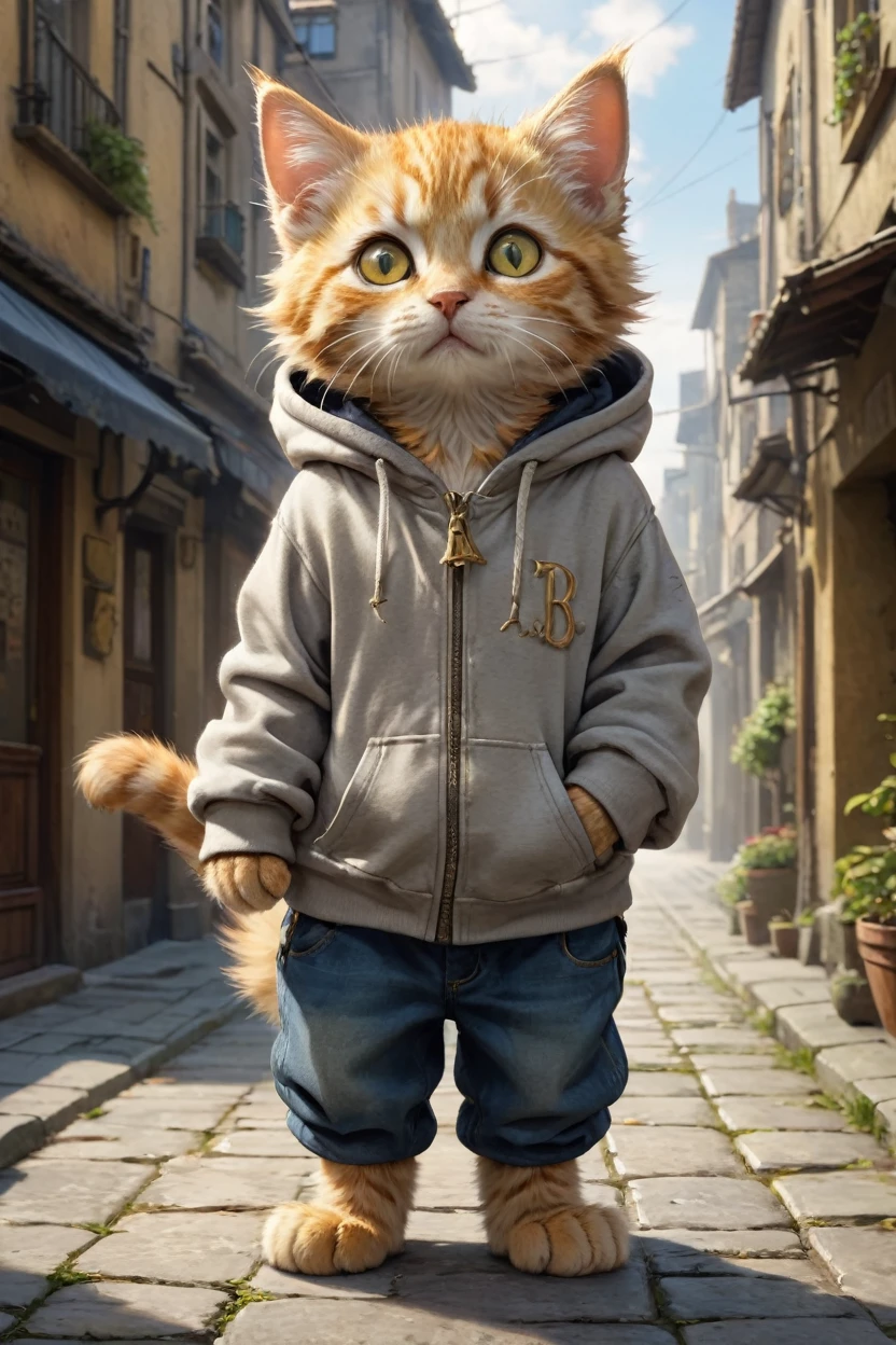 small, かわいいbornき物, Wearing a hoodie, whole body, , Are standing, Costumes, Fantasy art, Exquisite detail, Jean-Baptiste Monge Style, In town、Alan Lee Style, Anthropomorphic yellow-eyed tabby furry kitten, Movie Scenes, Dramatic shot angles, , Realistic, born々Amazing cinematic photorealism, Action Portrait, 8K, detailed, Full Frame